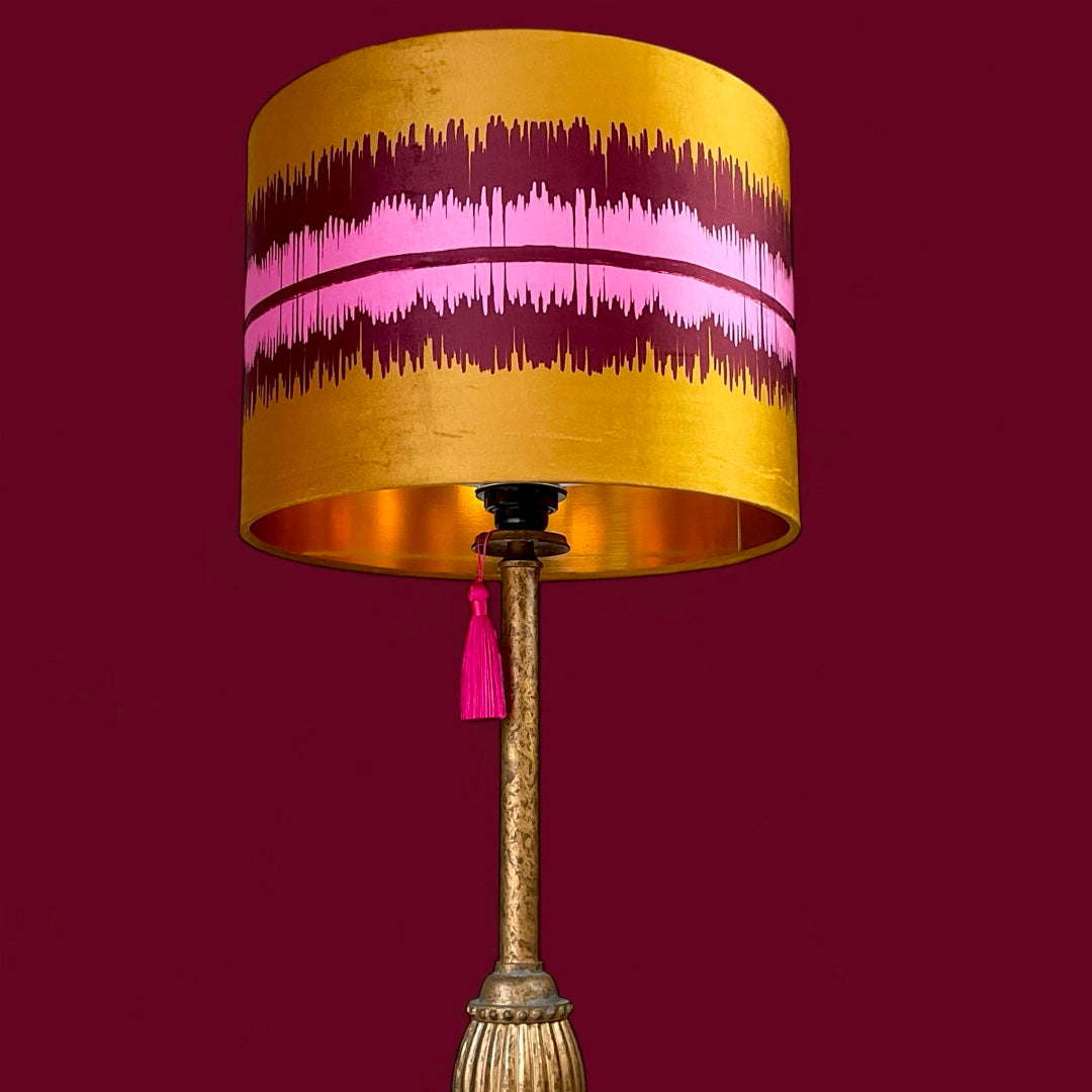 Fiona Beautiful Inside Out Lampshade in Pink & Burgundy Ikat Pattern on Gold velvet