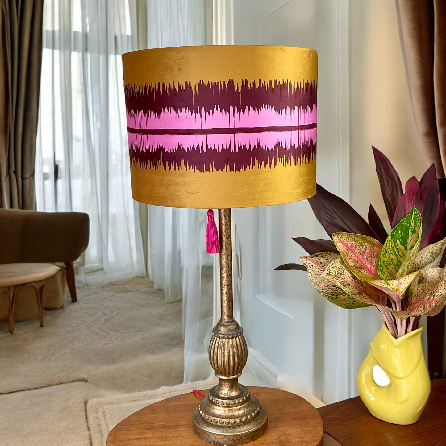 Fiona Beautiful Inside Out Lampshade in Pink & Burgundy Ikat Pattern on Gold velvet