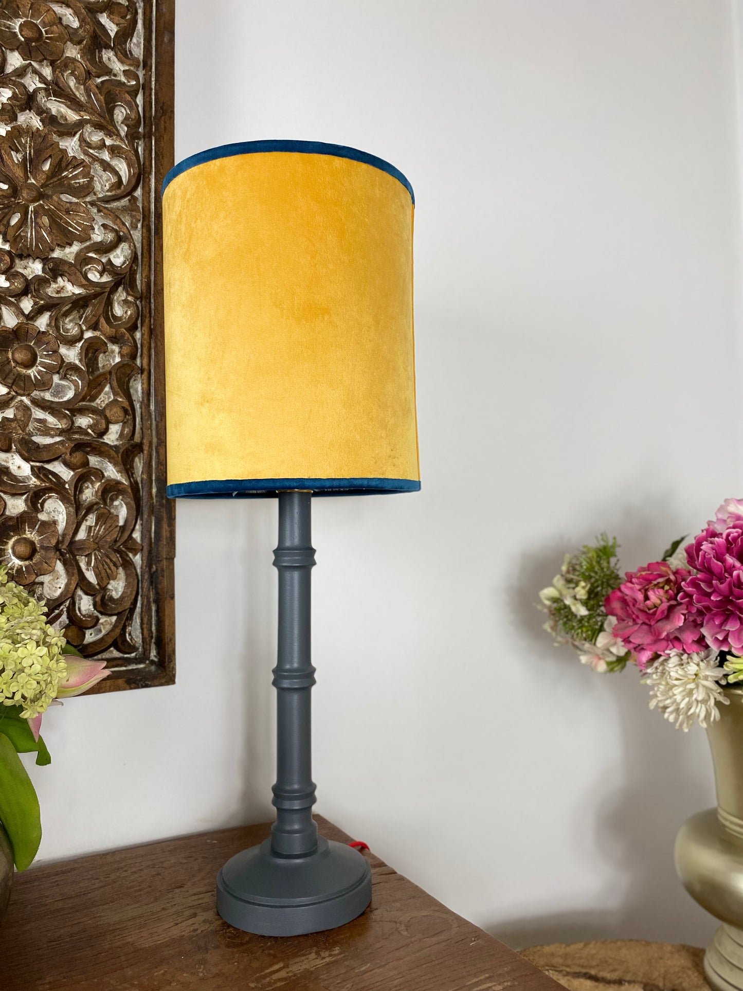 Ochre velvet lampshade with blue trim