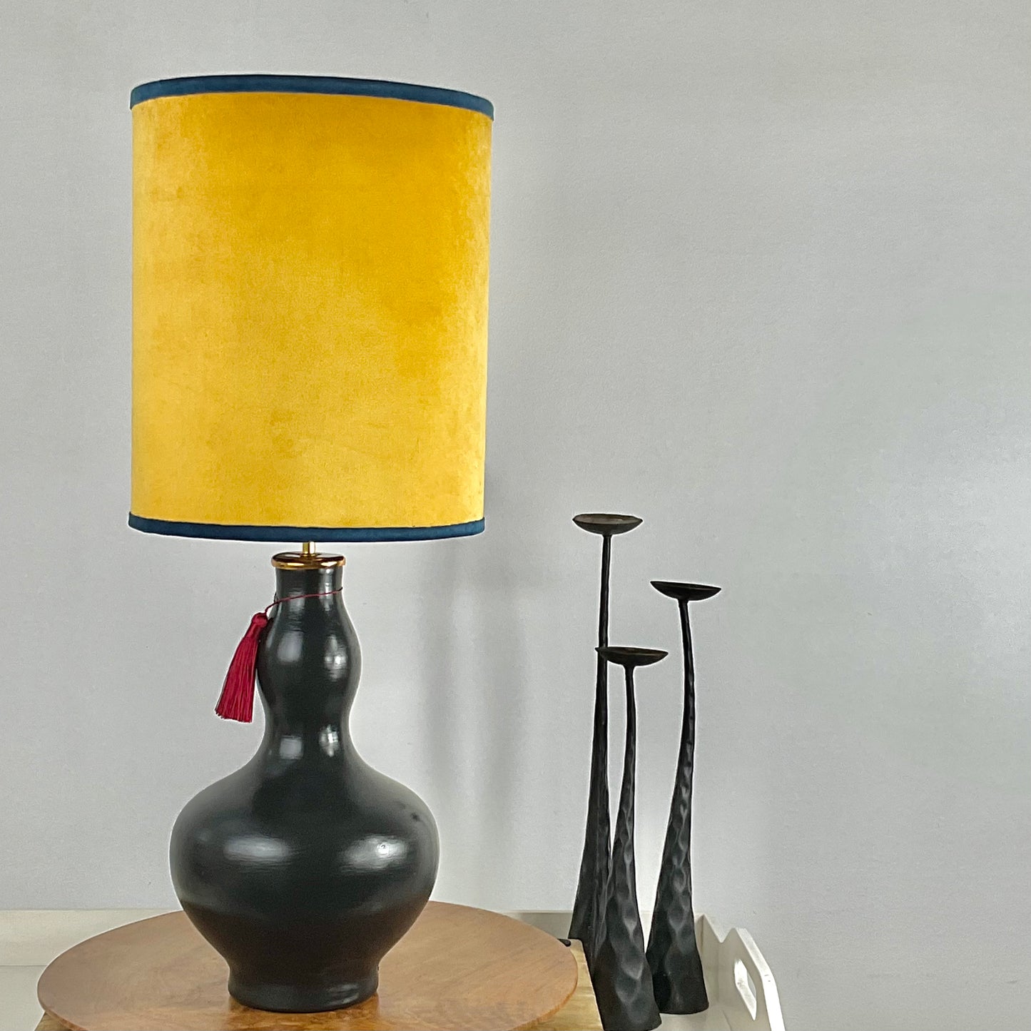 Ochre colour velvet lampshade with black gourd shape table lamp