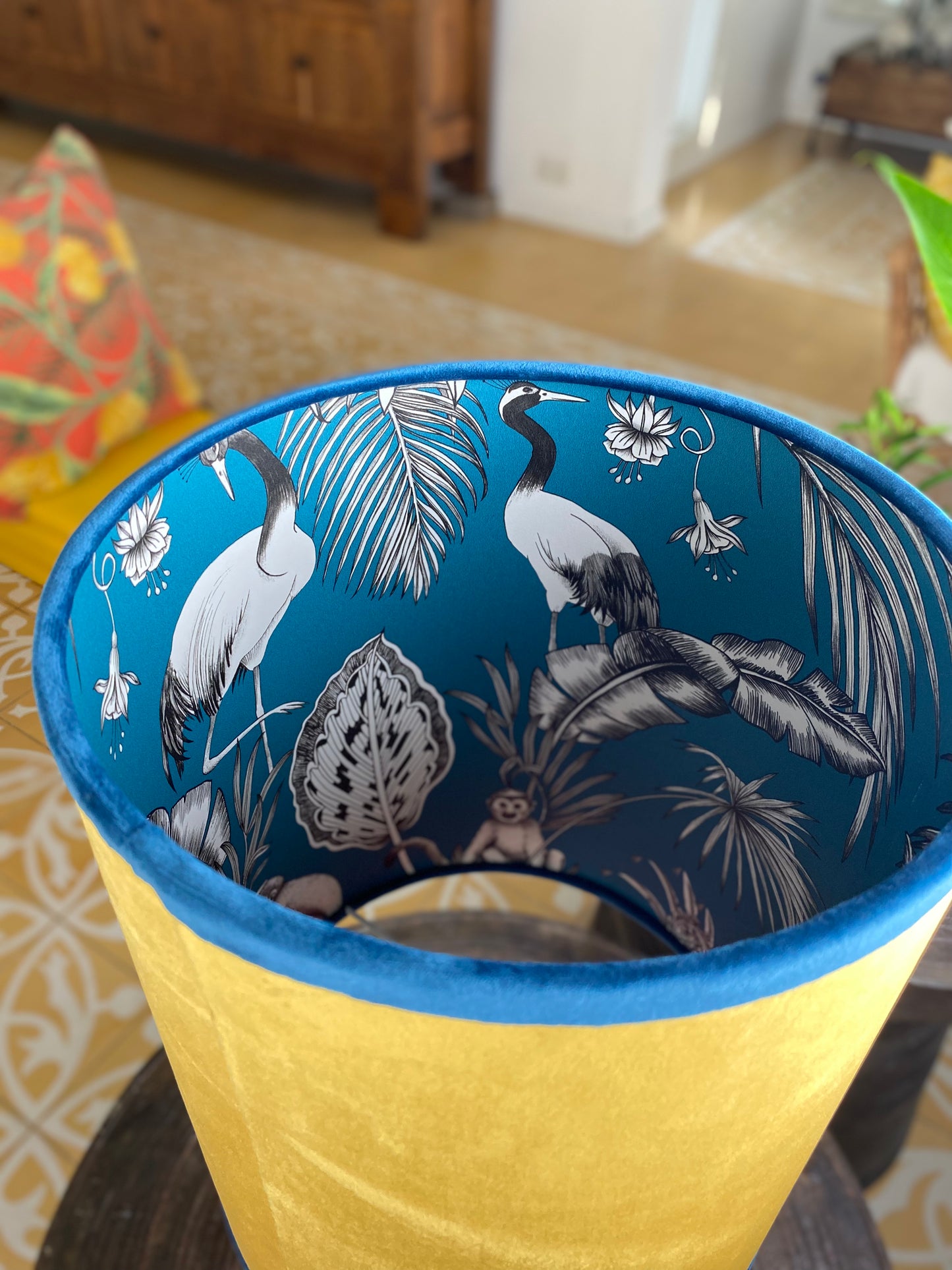 Top view of yellow velvet lampshade