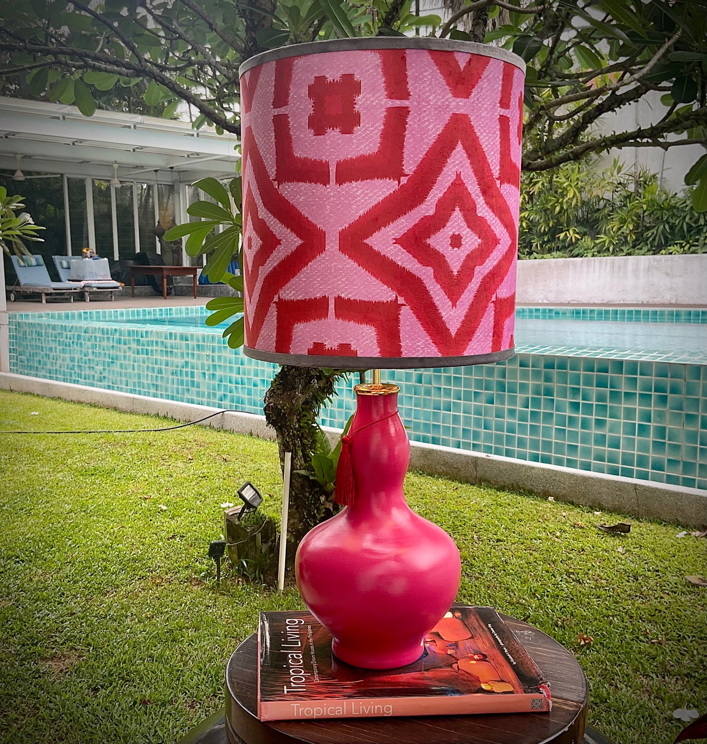 Red ikat lampshade with pink gourd shape lamp base