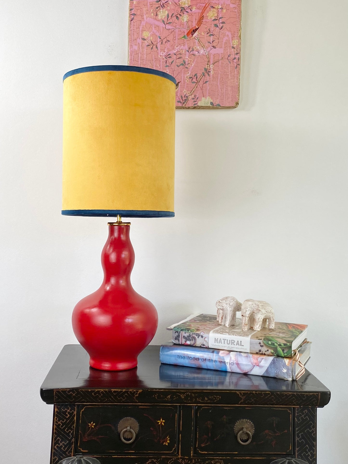 Yellow velvet lampshade with red gourd shape table lamp