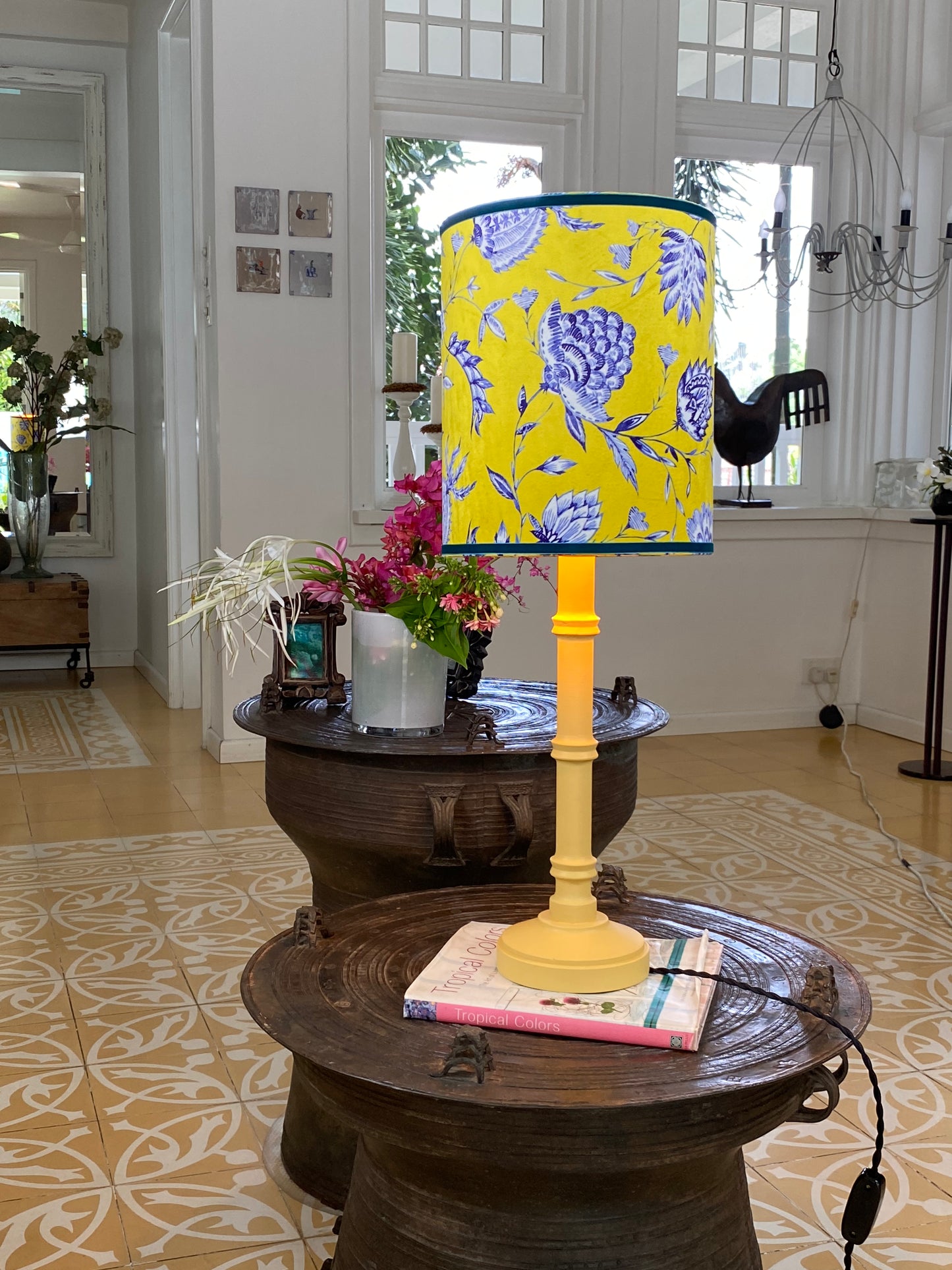 Batik velvet lampshade with yellow wooden lamp base