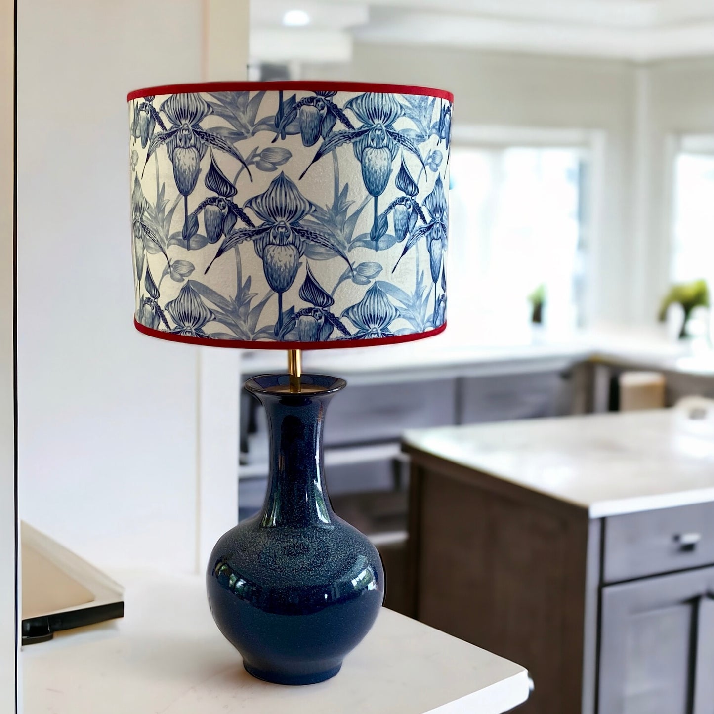 Orchid pattern lampshade with blue ceramic lamp