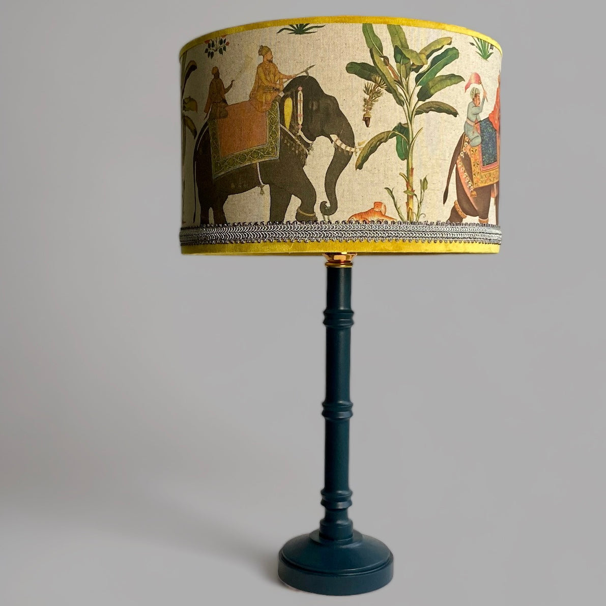 Linen lampshade blue wooden table lamp