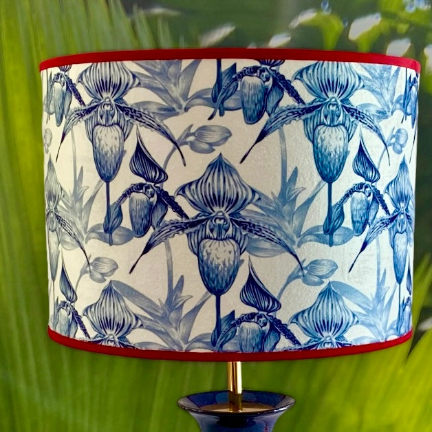 Wild orchid pattern lampshade with red trim