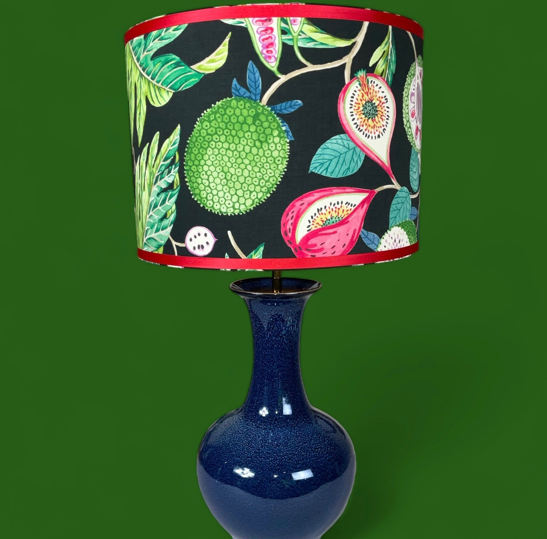 Colourful tropical fruits lampshade with blue ceramic lamp base