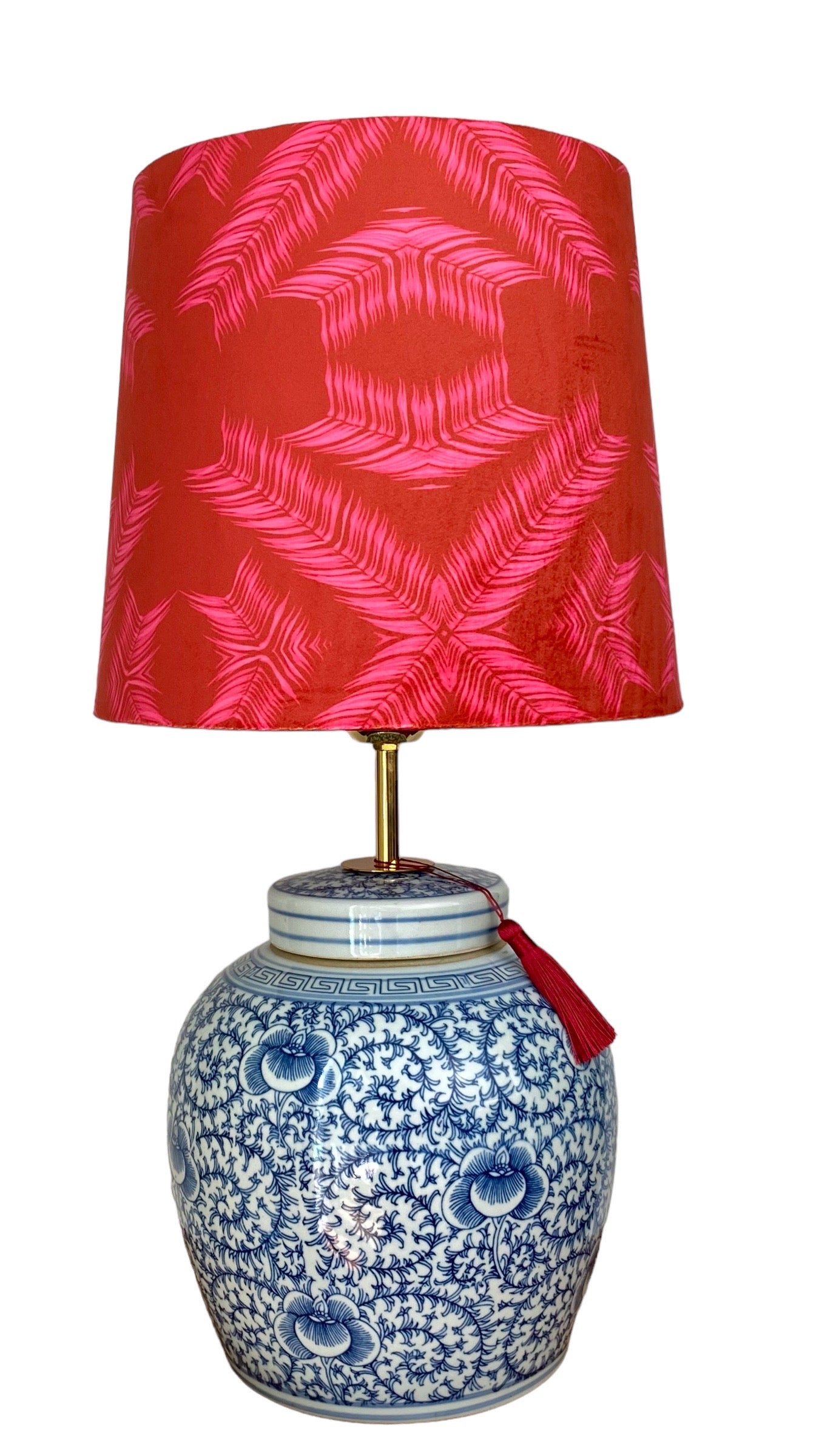 Red palm frond pattern lampshade with blue and white Chinese ceramic lamp base