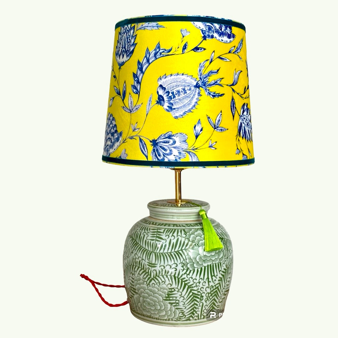 Batik velvet lampshade with green palm pattern ceramic lamp base
