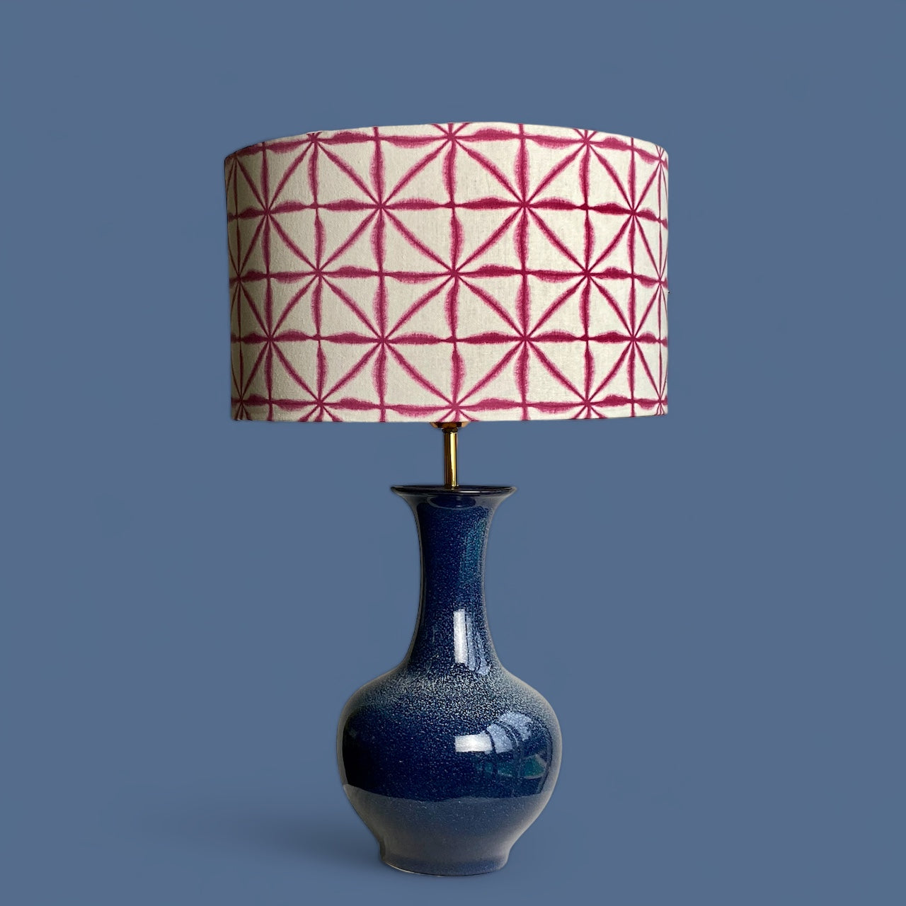 Shibori pattern lampshade with blue ceramic lamp base