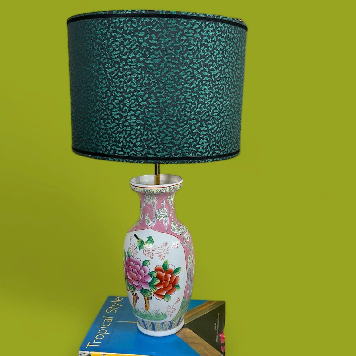 Green spots lampshade with Chinese pink flower ceramic lamp base