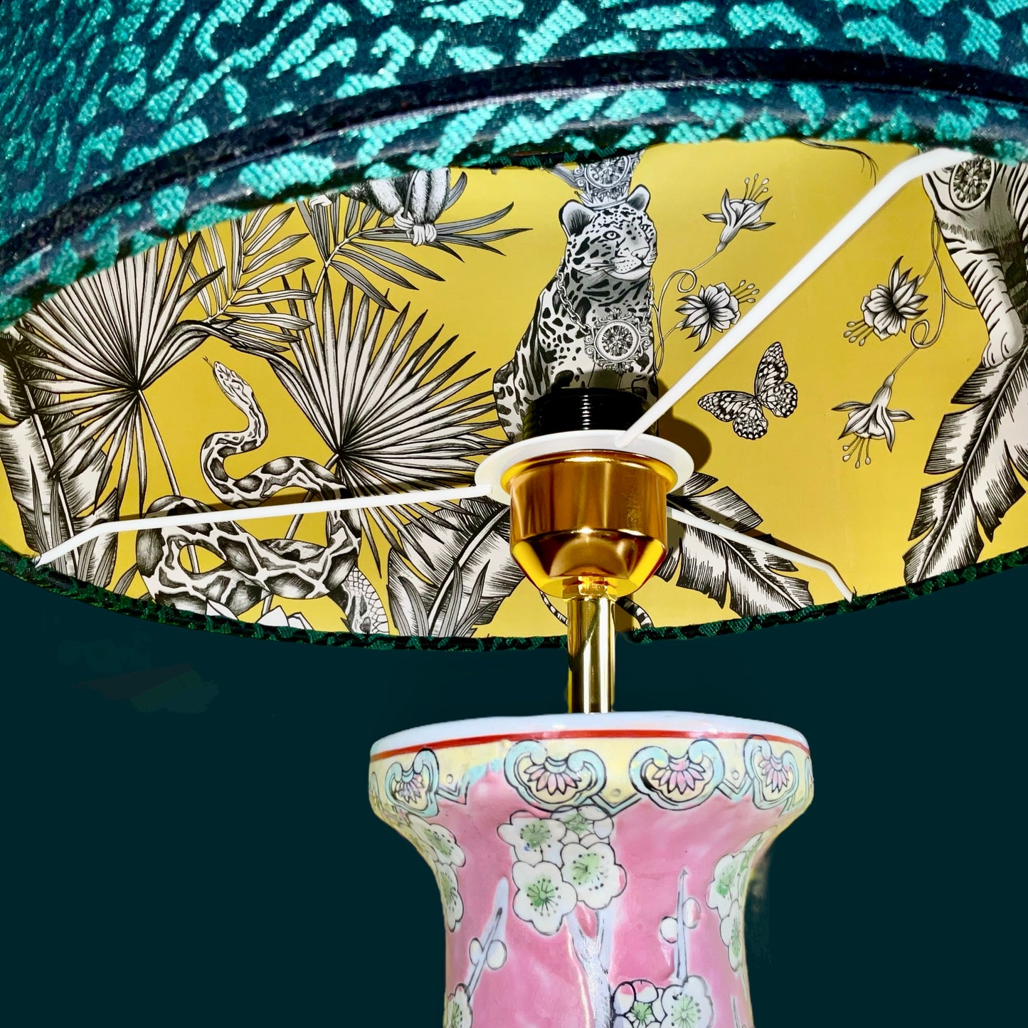 Inside view of lampshade with tiger and snake images