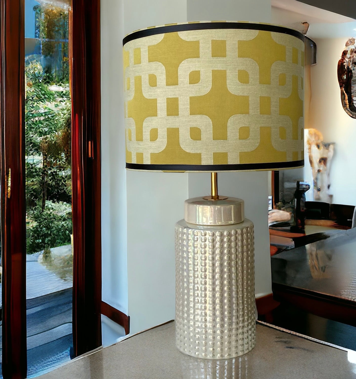 Geometric design large lampshade in a living room