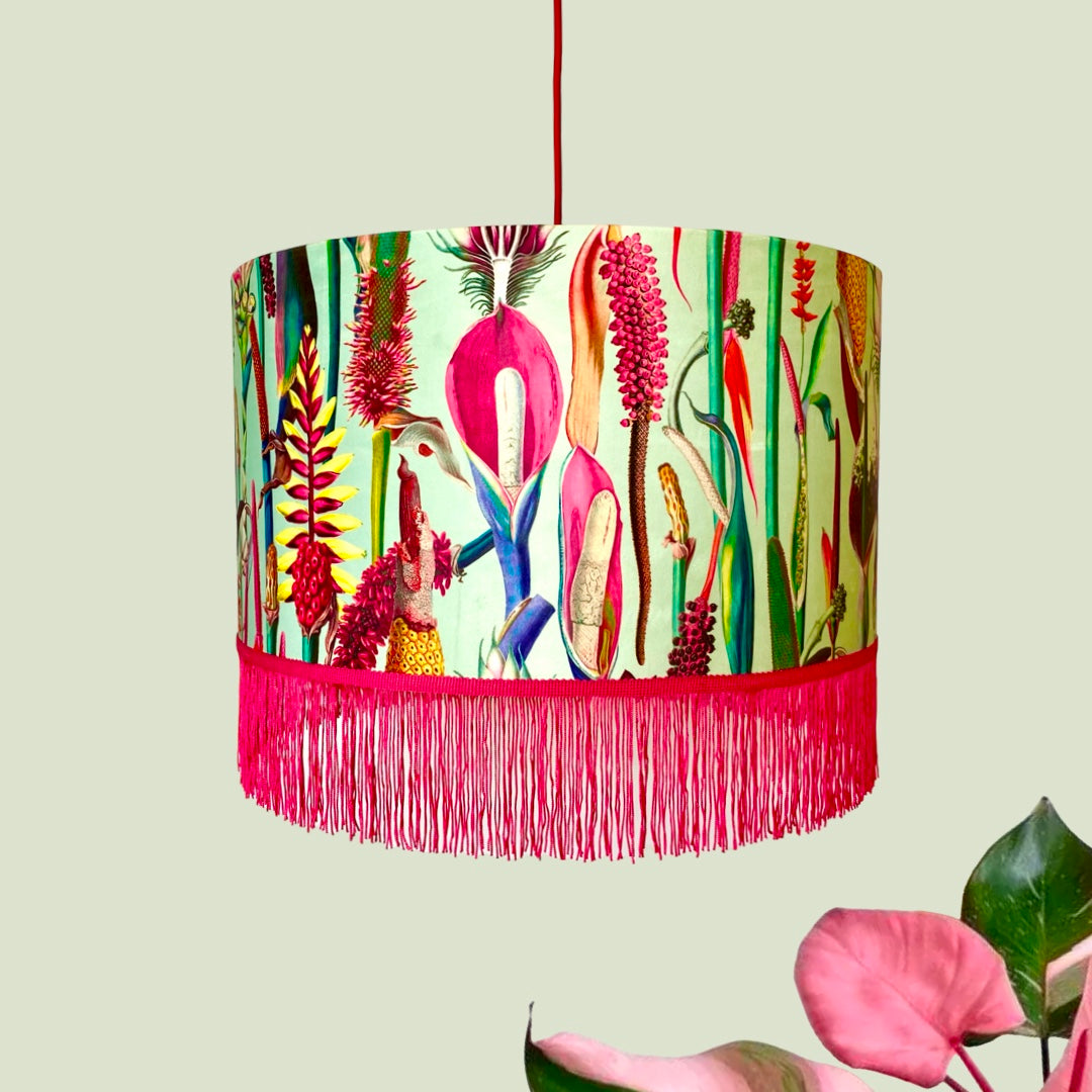 Ceiling pendant lamp with pink fringe