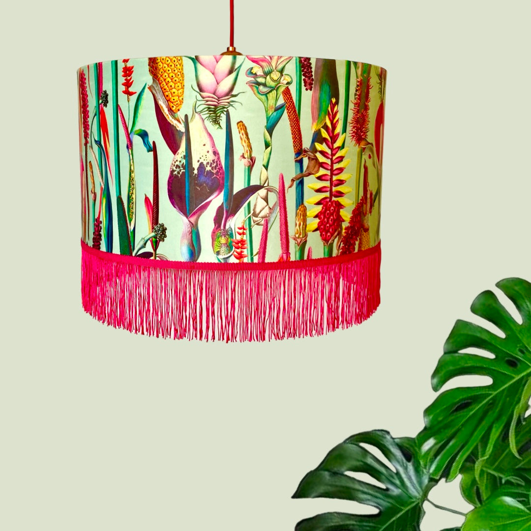 Ceiling pendant lamp with pink fringe