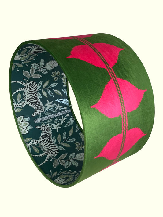 Green pink velvet lampshade with safari theme inside lining