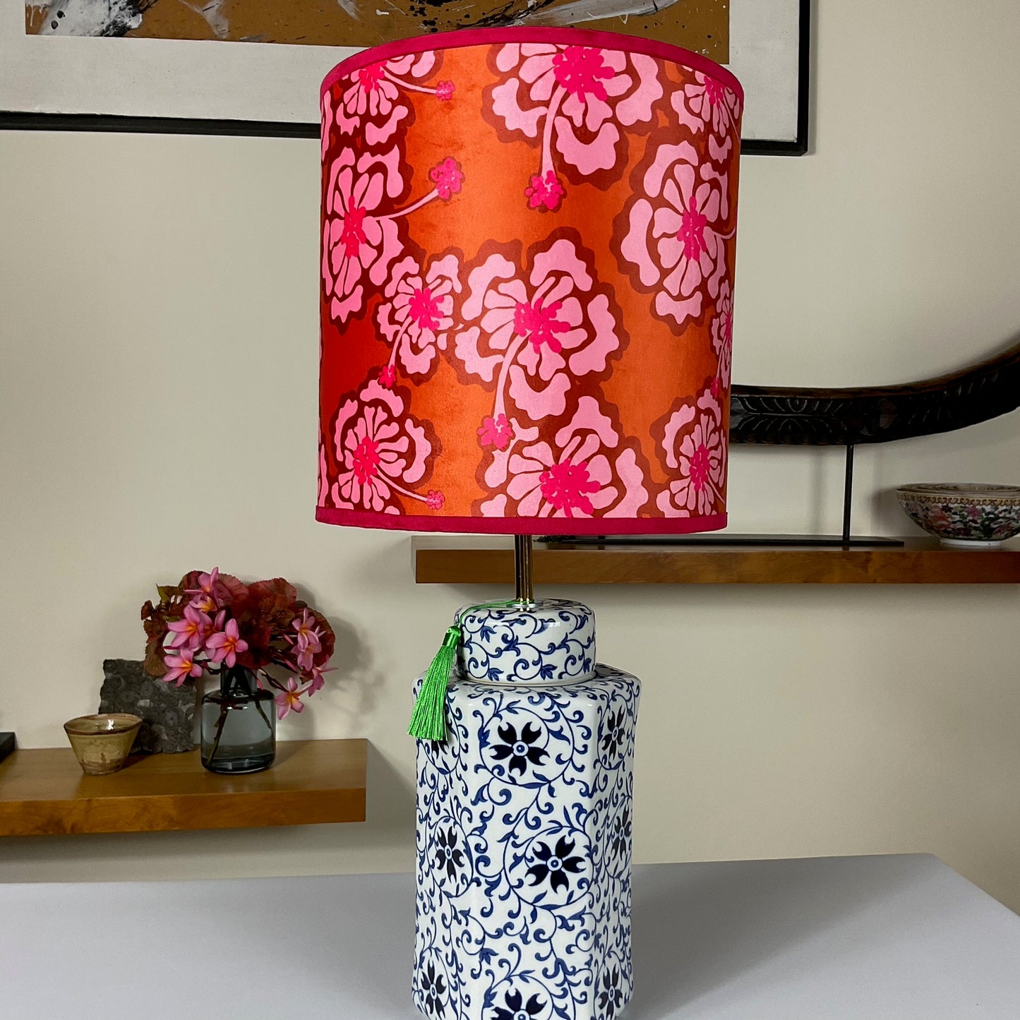 Red Hibiscus pattern lampshade with blue and white ceramic lamp base