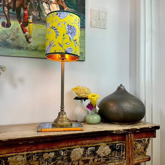 Yellow Batik velvet lampshade with brass lamp base