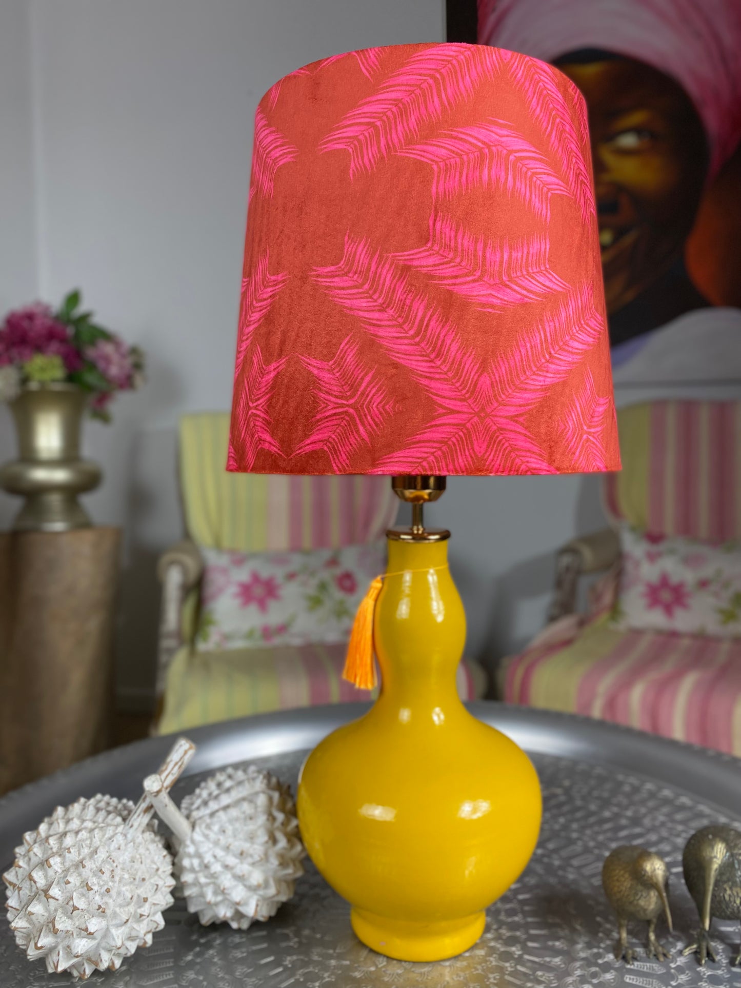 Red palm frond pattern lampshade with yellow gourd shape lamp base