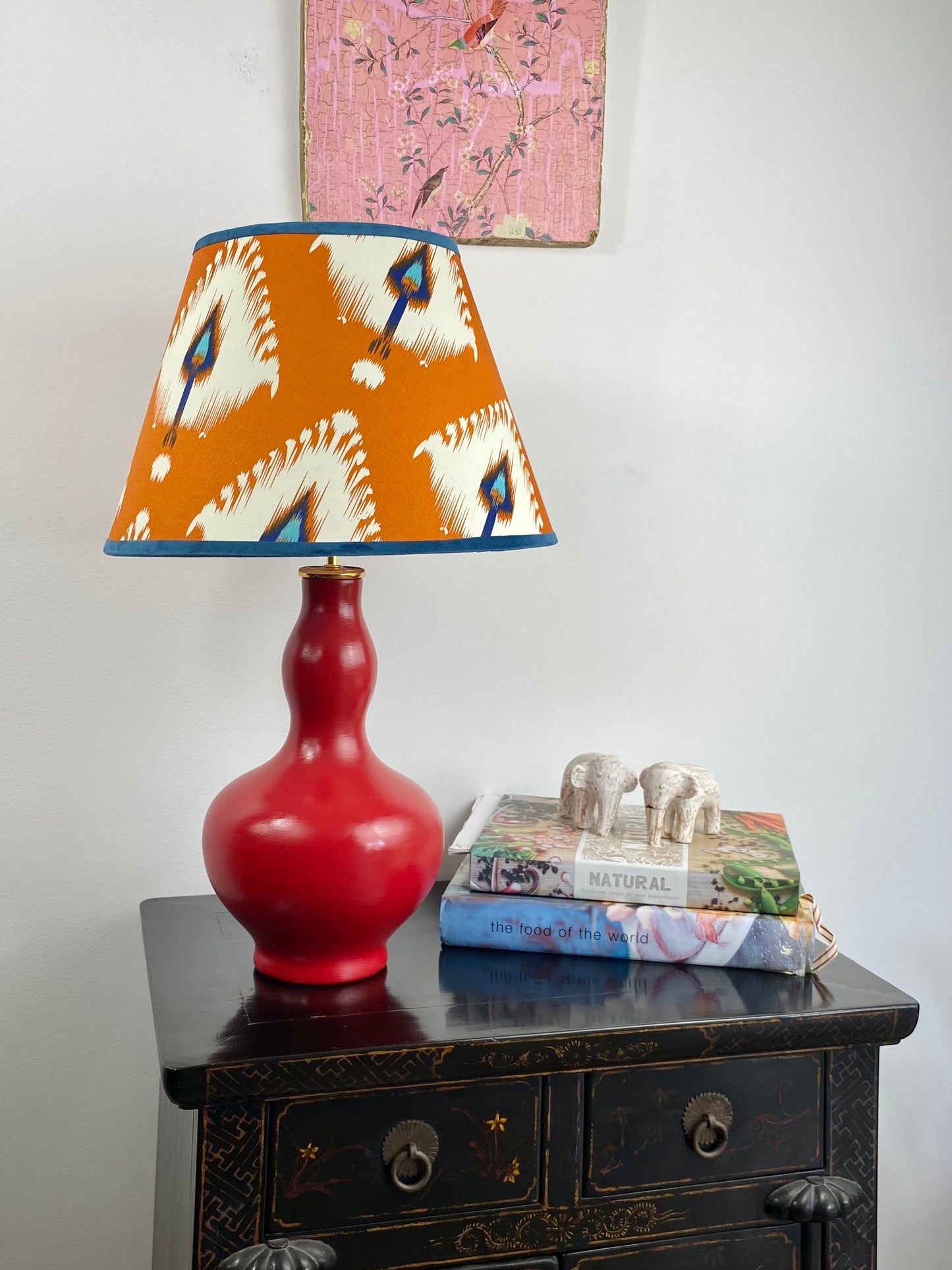 Ikat pattern empire lampshade with red gourd shape lamp base