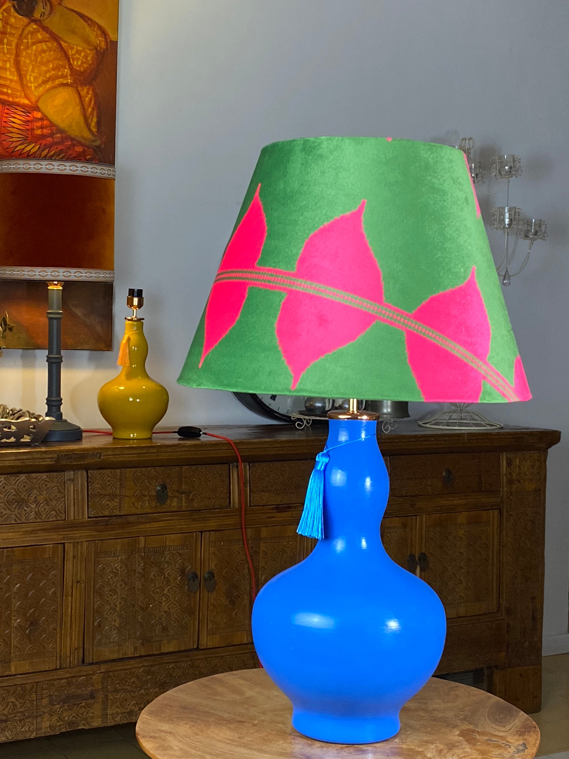 Pink and green lampshade with blue gourd shape lamp base