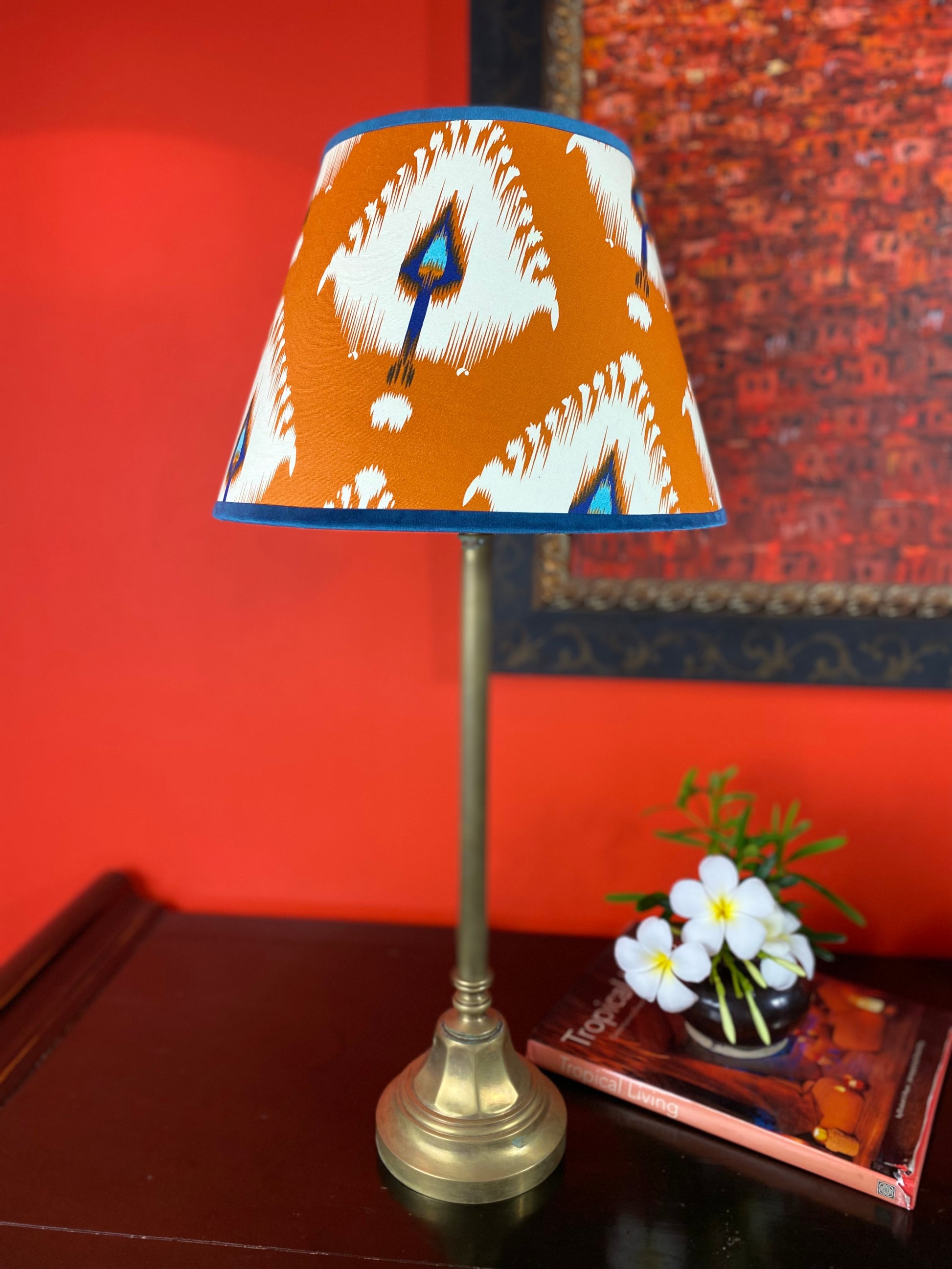 Ikat pattern Empire shape lampshade with brass lamp base