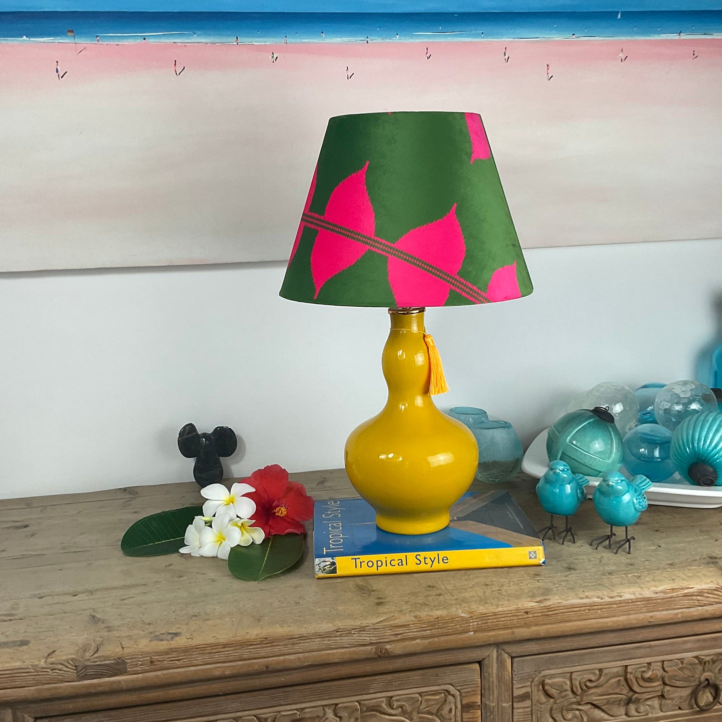 Pink and green ikat pattern lampshade with yellow gourd shape lamp base