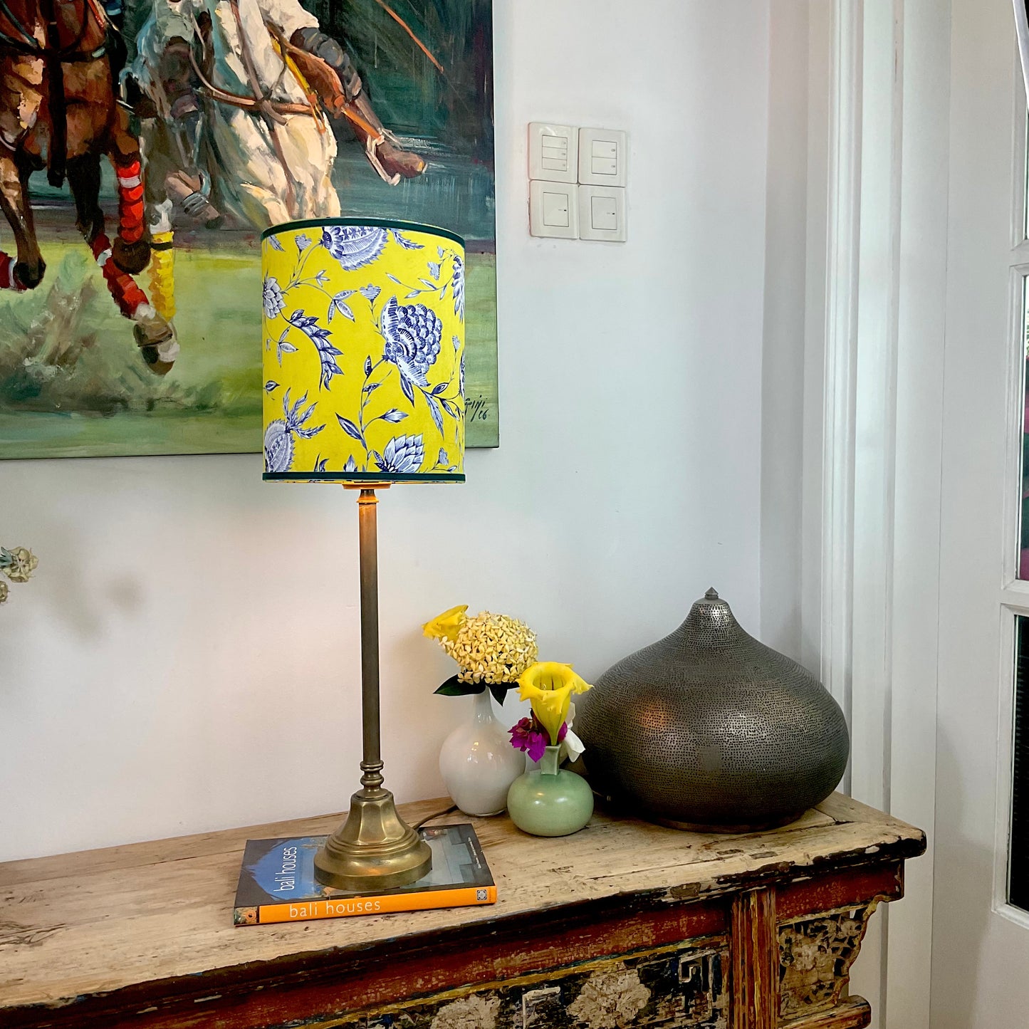 Batik velvet lampshade with brass lamp base