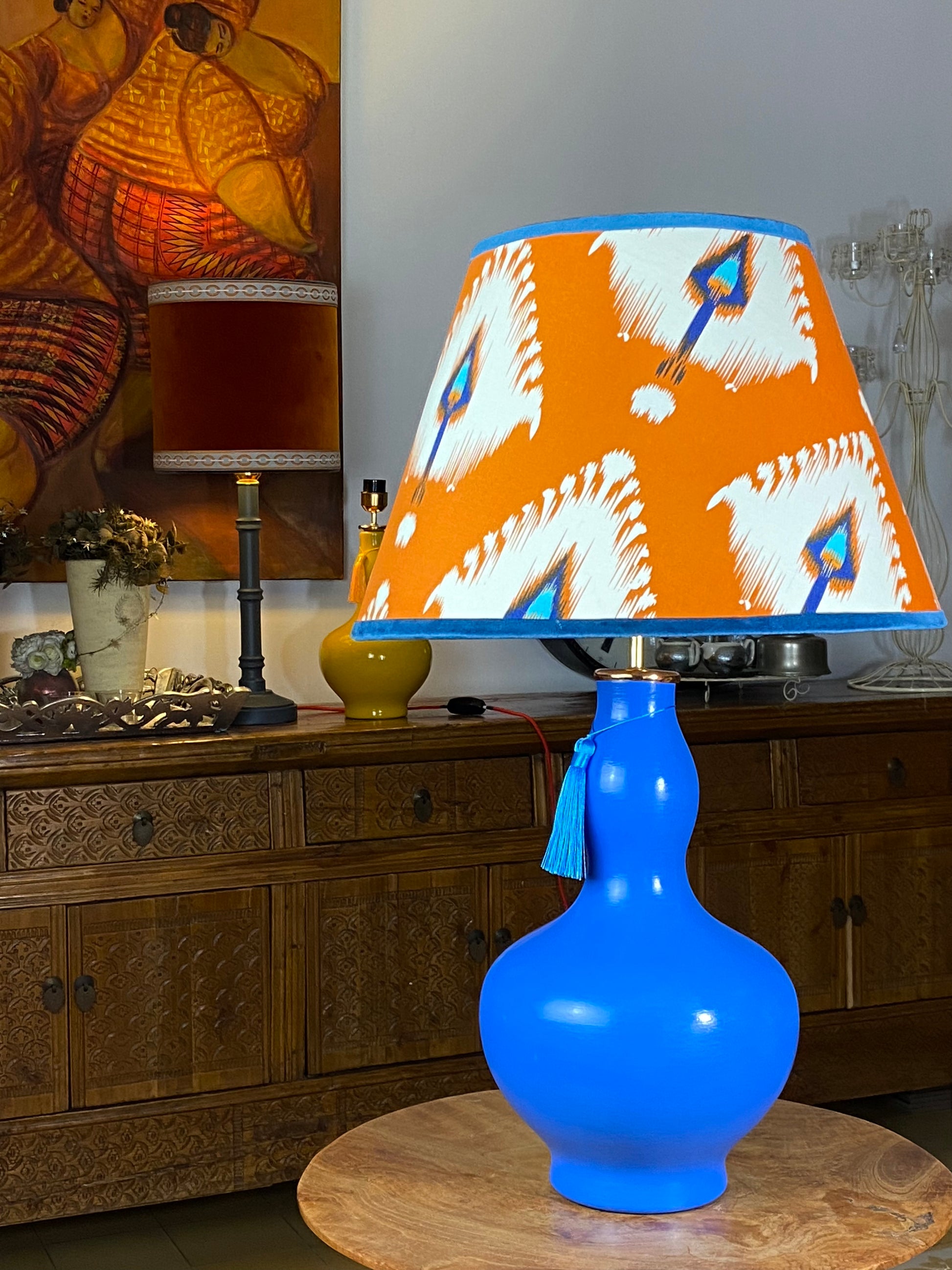 Ikat pattern Empire shape lampshade with blue gourd shape lamp base