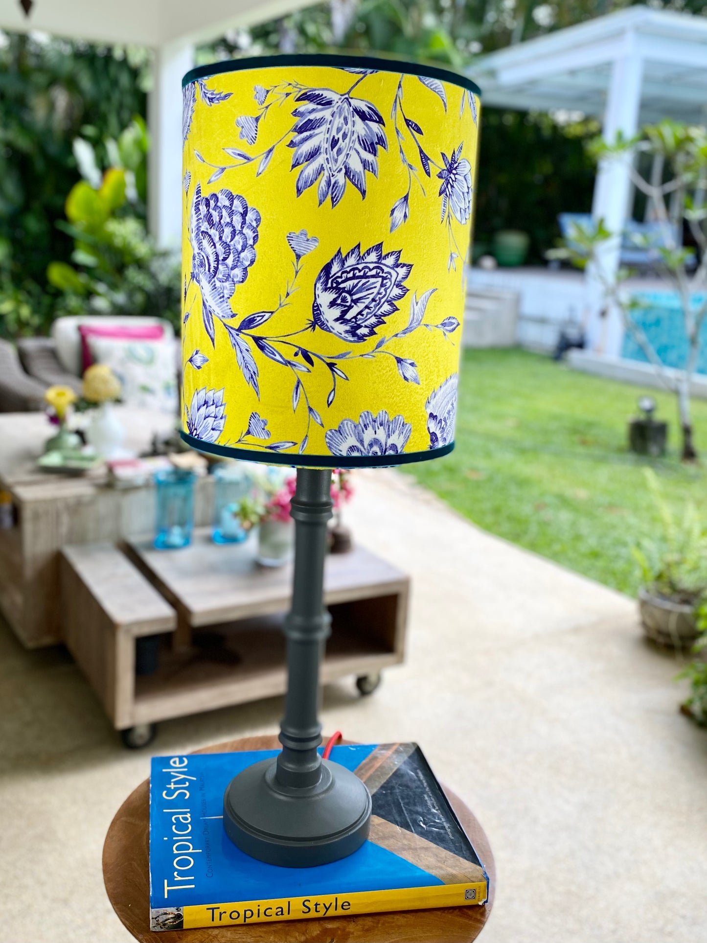 Batik velvet lampshade with grey wooden lamp base