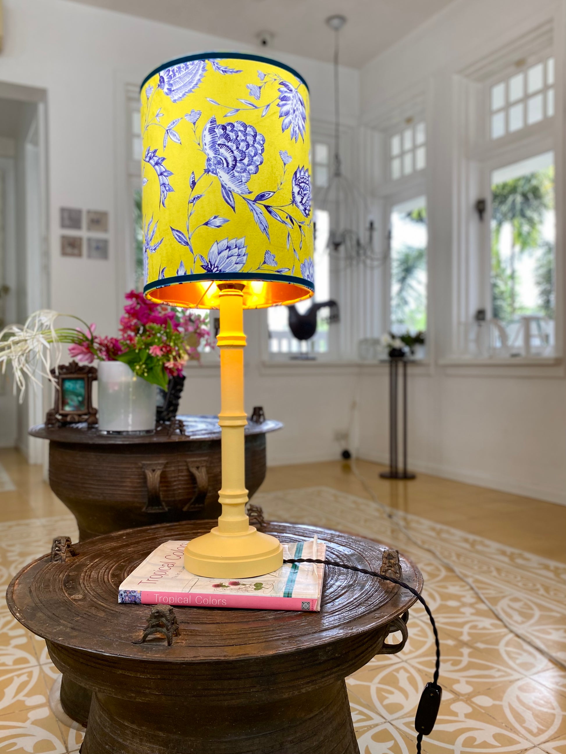 Batik yellow velvet lampshade with yellow wooden lamp base