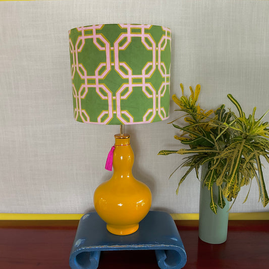 Pink green lampshade yellow lamp base