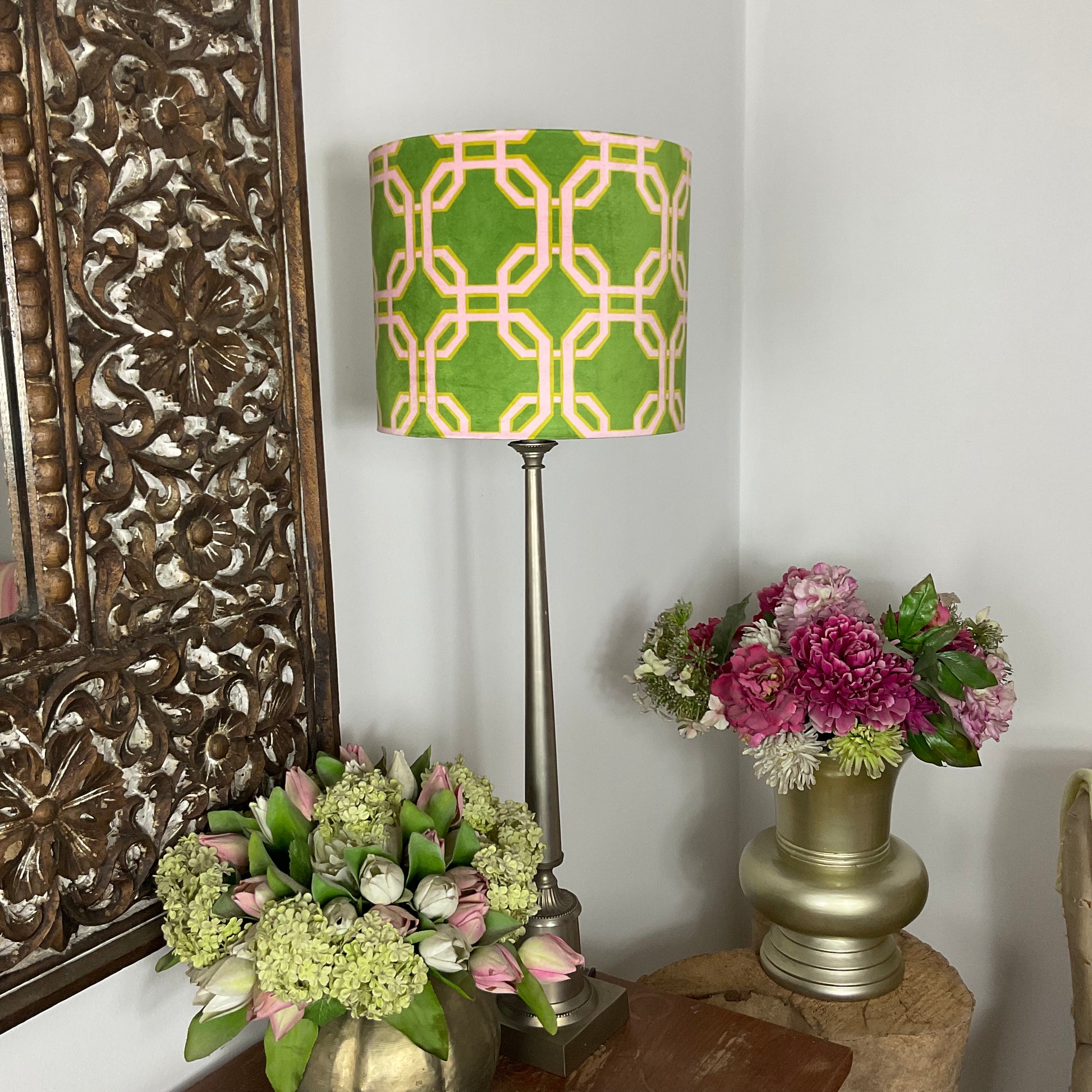 Front view pink green lampshade