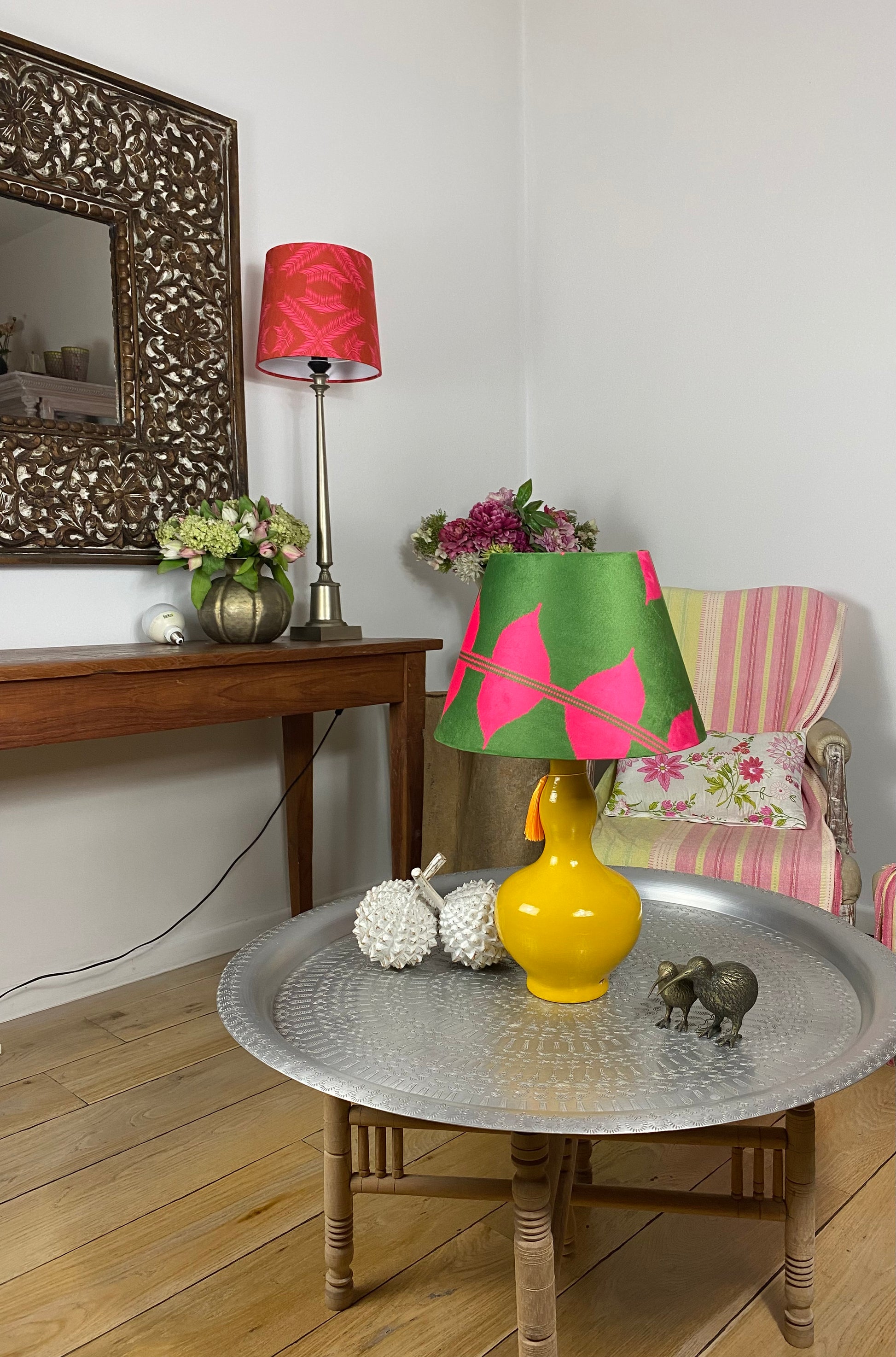 Pink and green lampshade with yellow gourd shape lamp base