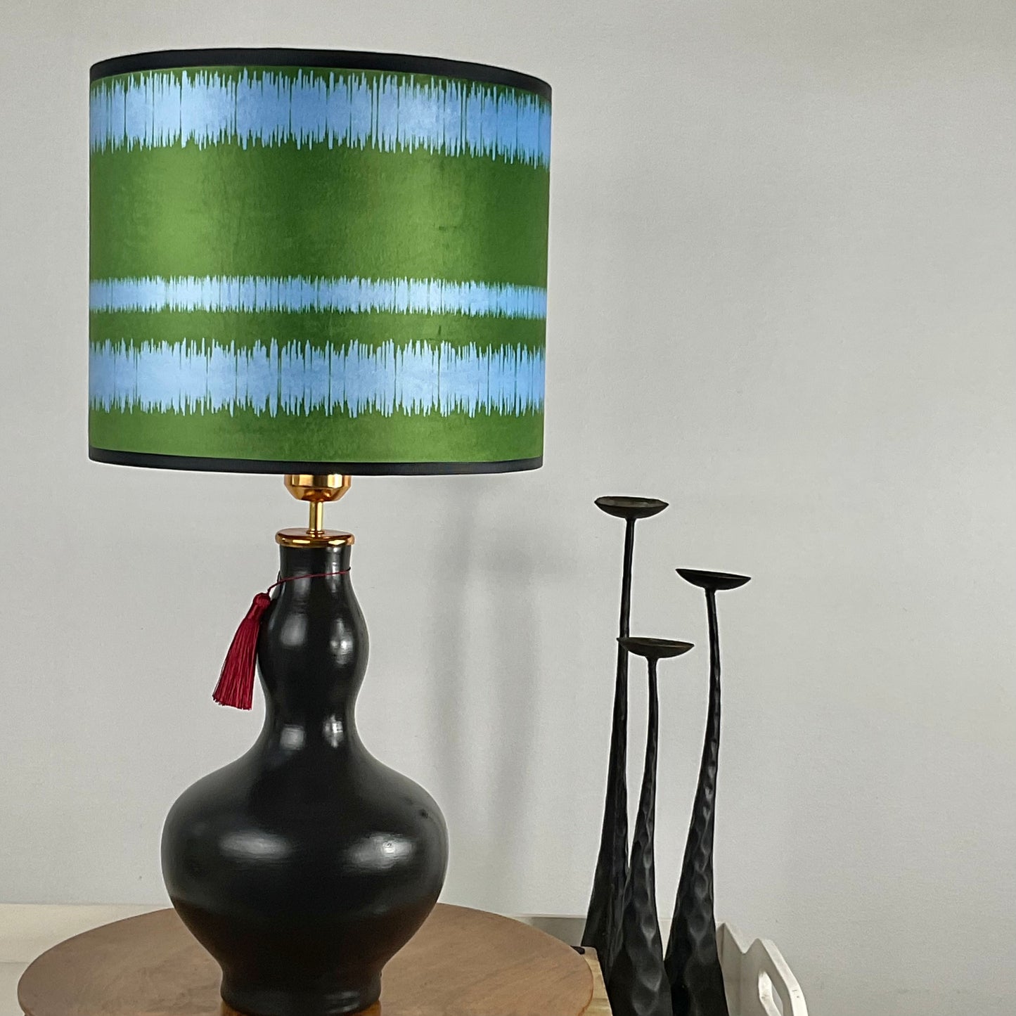 Blue green velvet lampshade with black gourd shaped table lamp