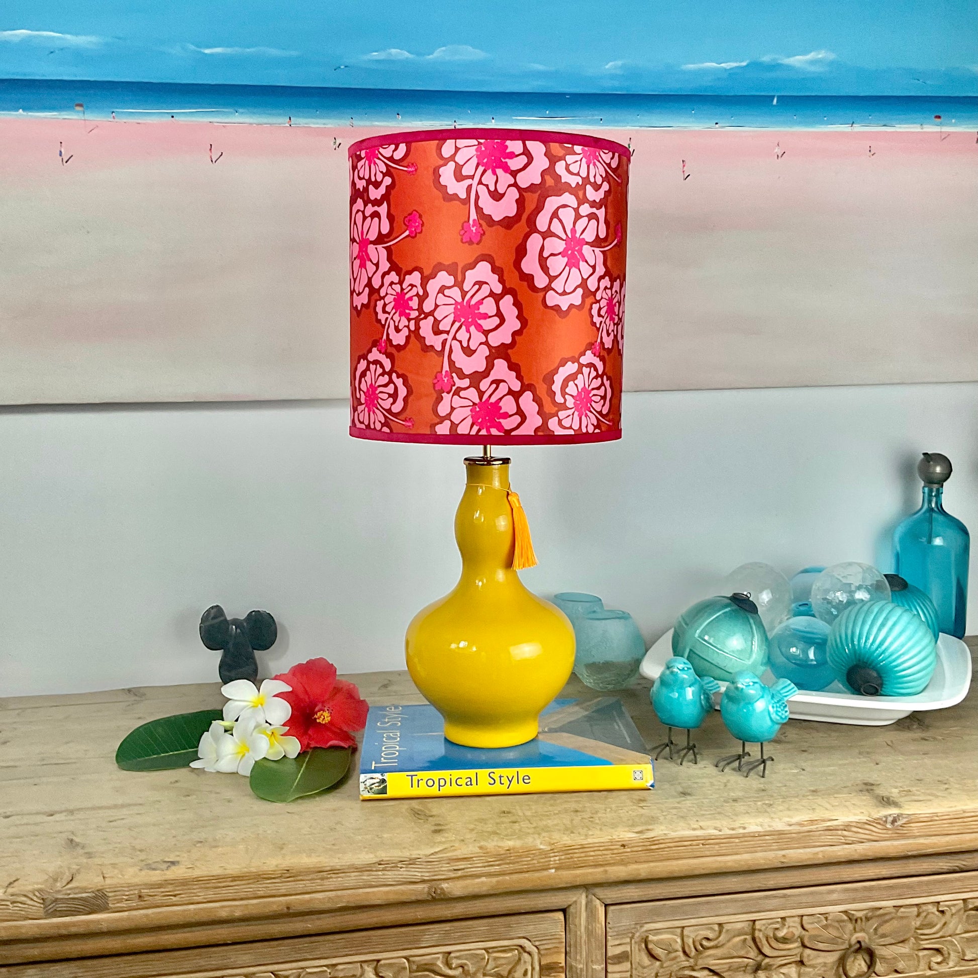 Red Hibiscus pattern lampshade with yellow gourd shape lamp base