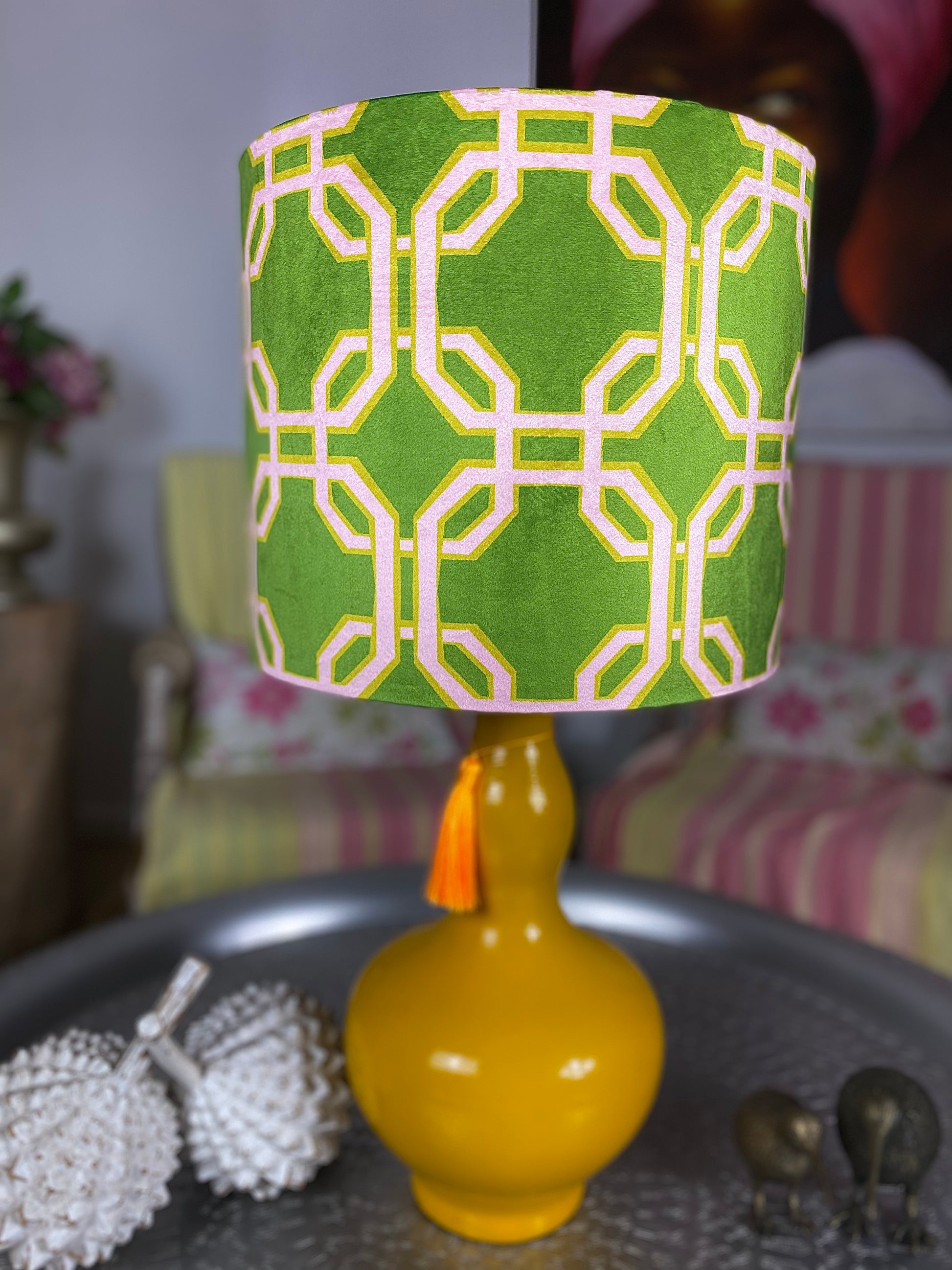 Yellow table lamp with green lampshade