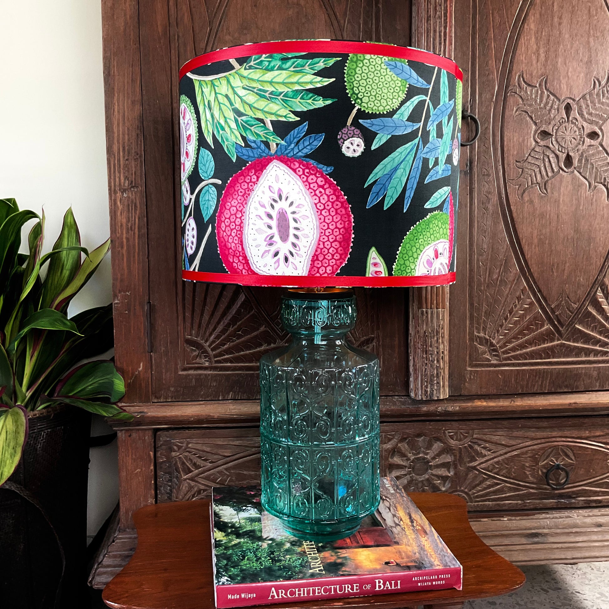 Tropical fruits pattern lampshade with textured blue glass lamp base 