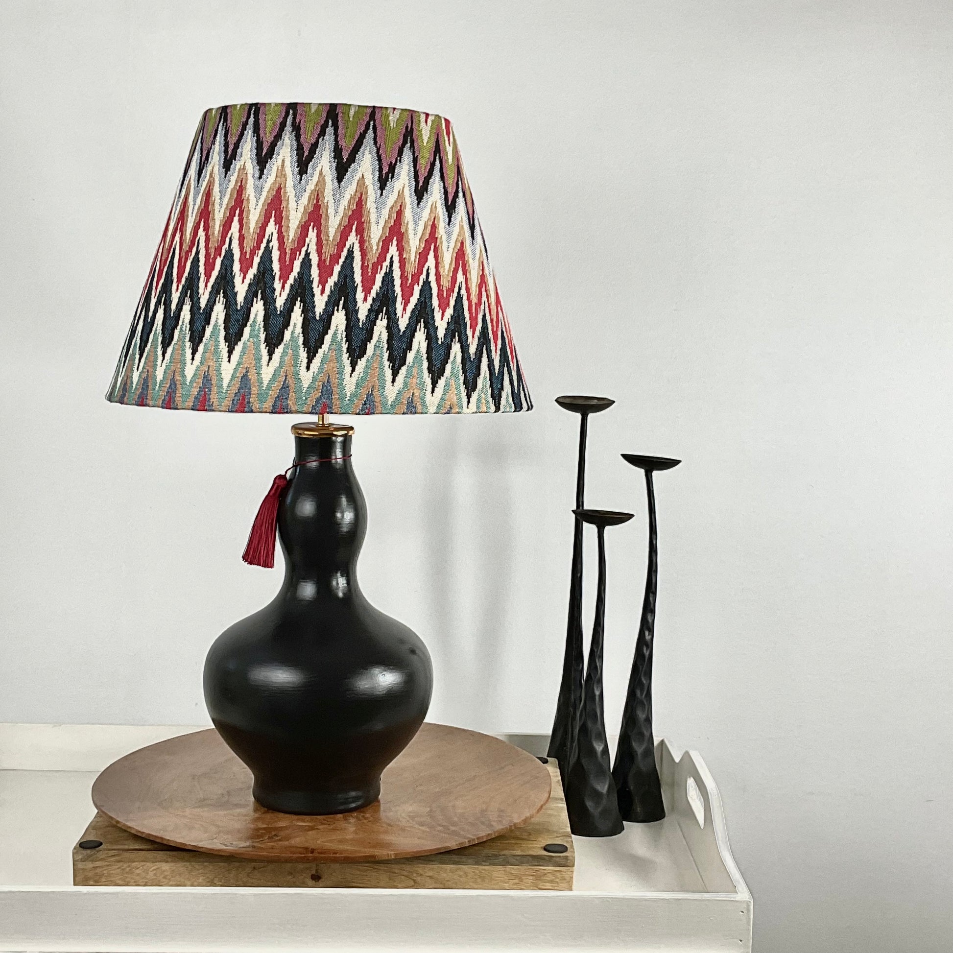 Ikat lampshade with black table lamp