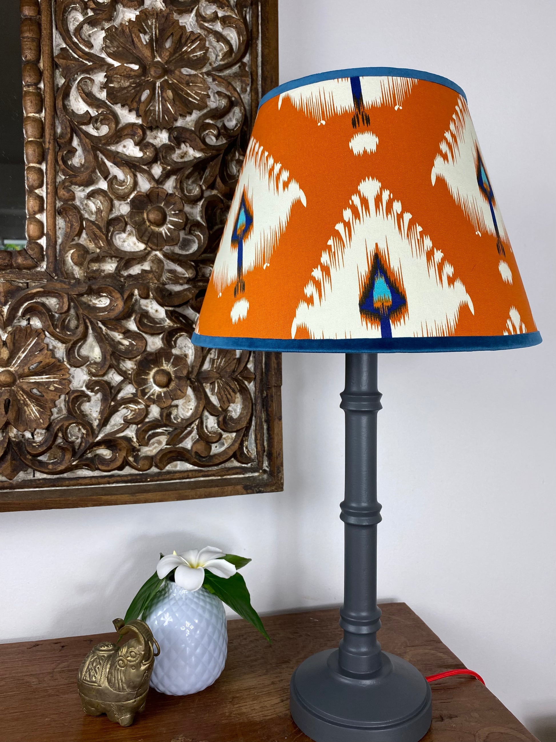 Ikat pattern empire shape lampshade with grey wooden lamp base