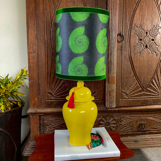 Green seashell pattern lampshade with yellow ceramic lamp base