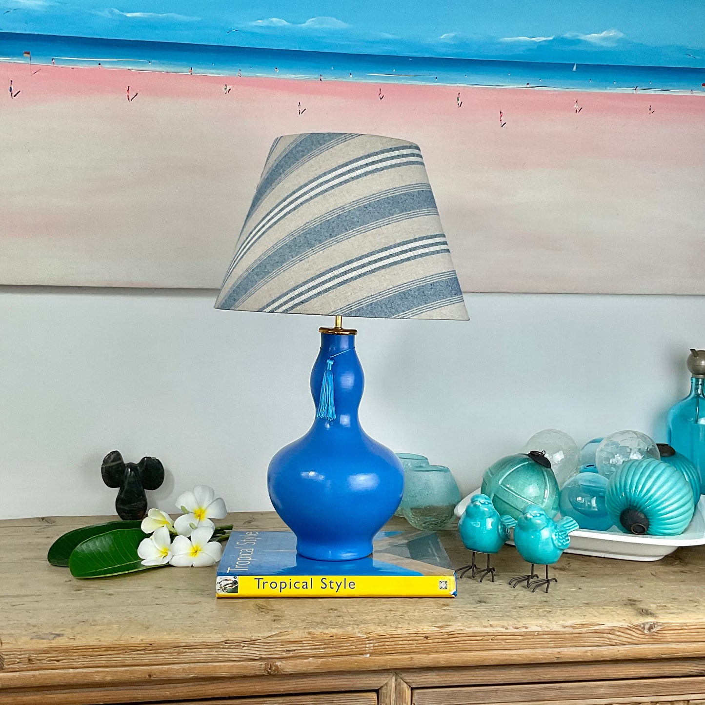 Blue and beige striped lampshade with blue gourd shape lamp base