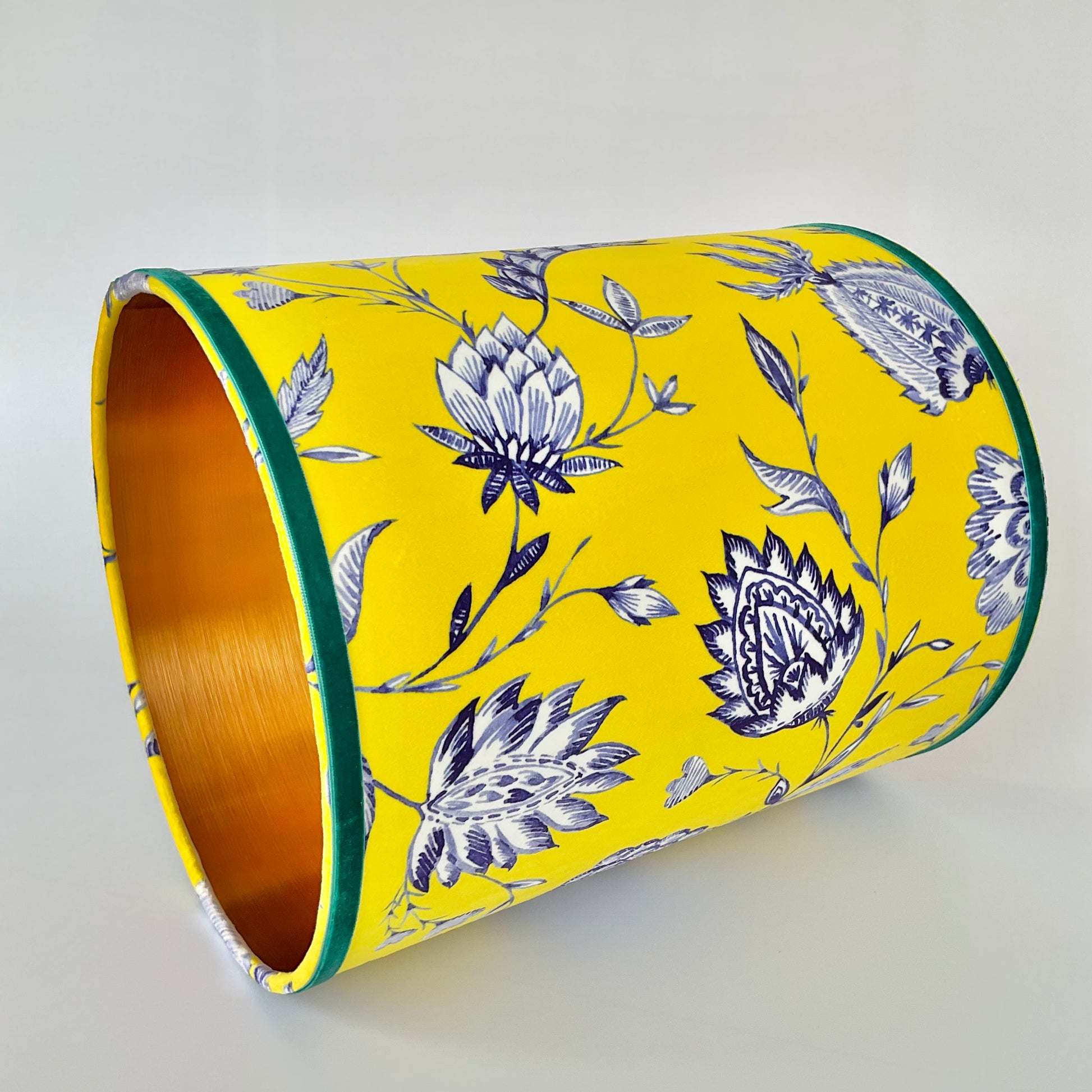 Batik yellow velvet lampshade on its side