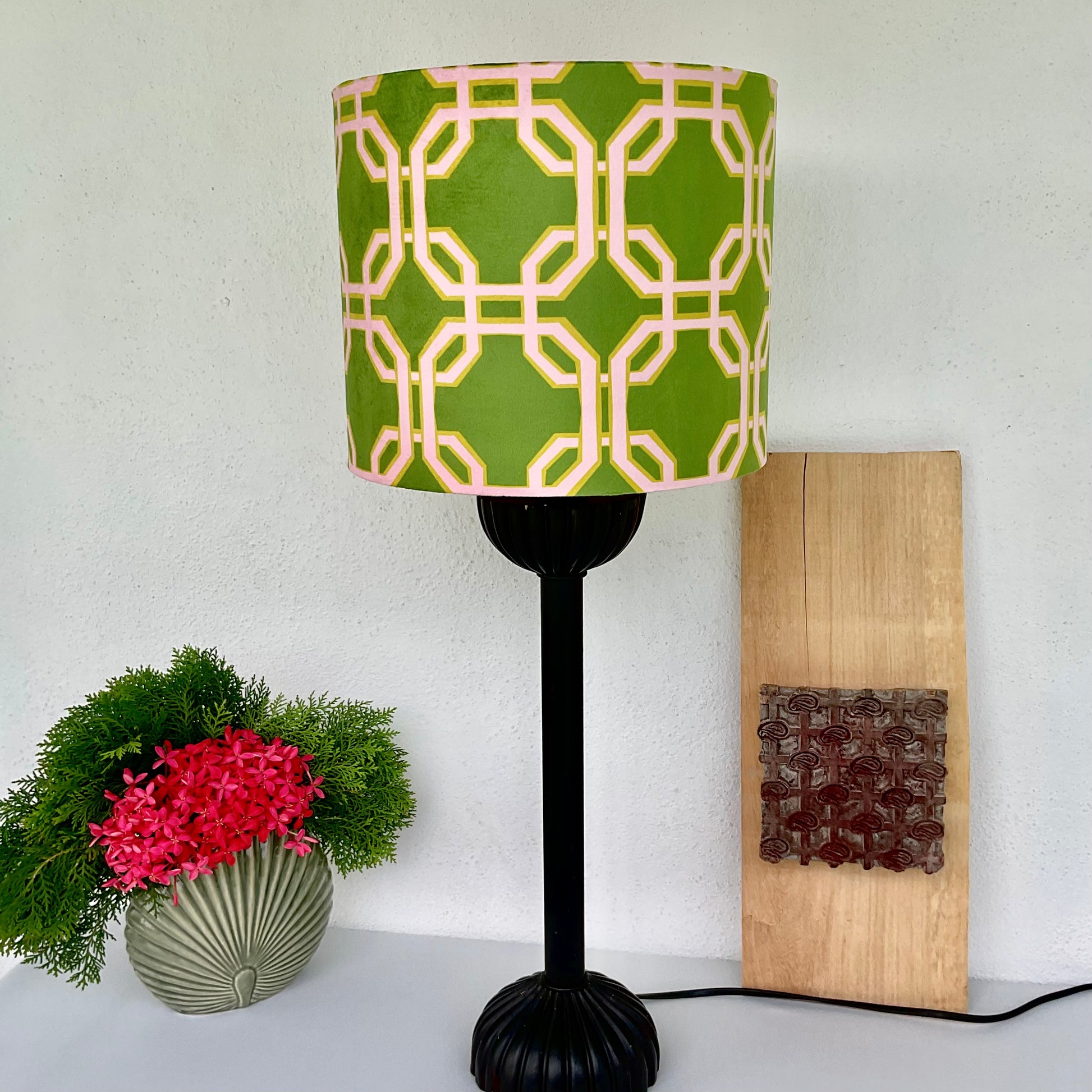 Green lampshade black table lamp 