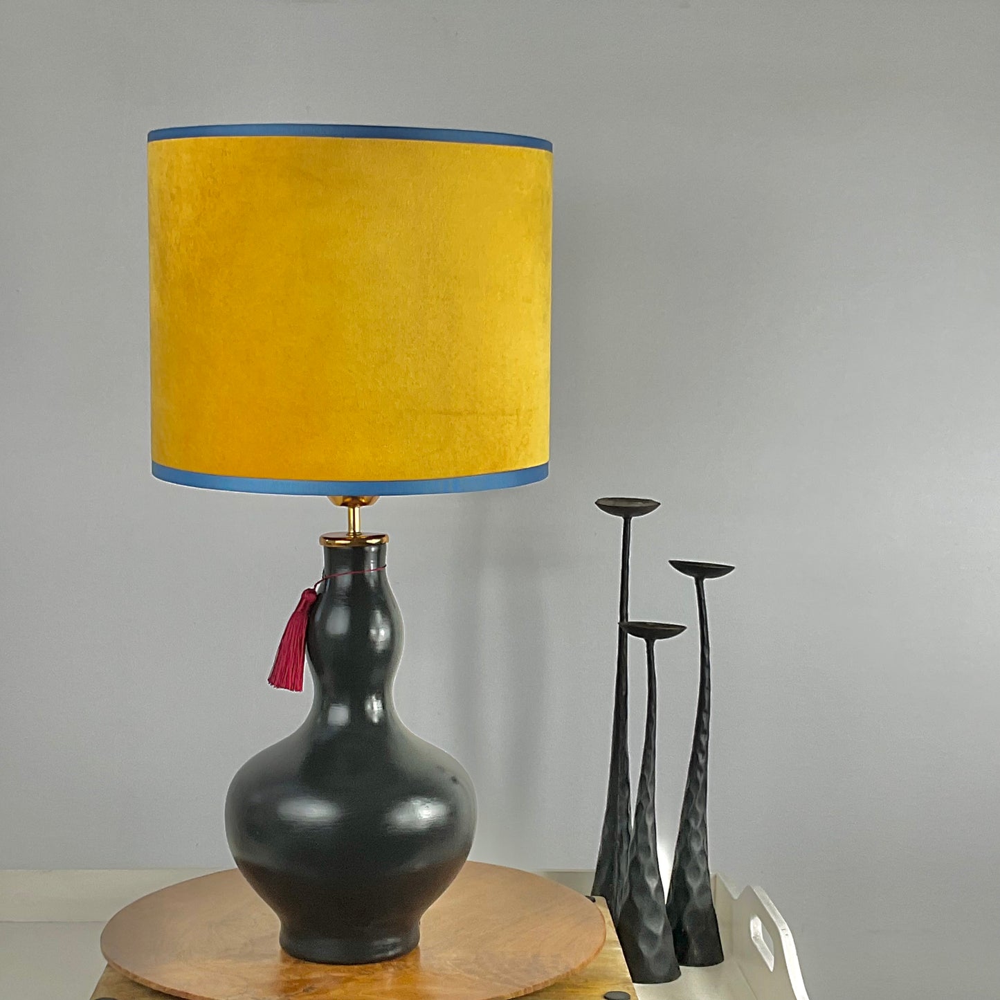 Yellow velvet lampshade with black gourd shape lamp base