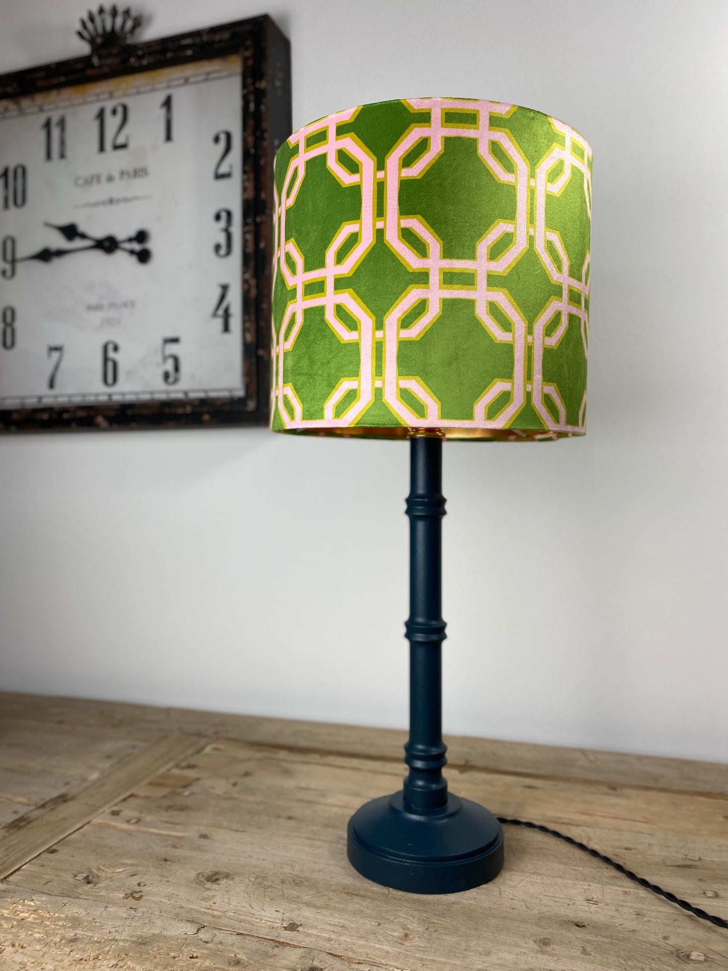 Dark blue bamboo shape lamp with green lampshade