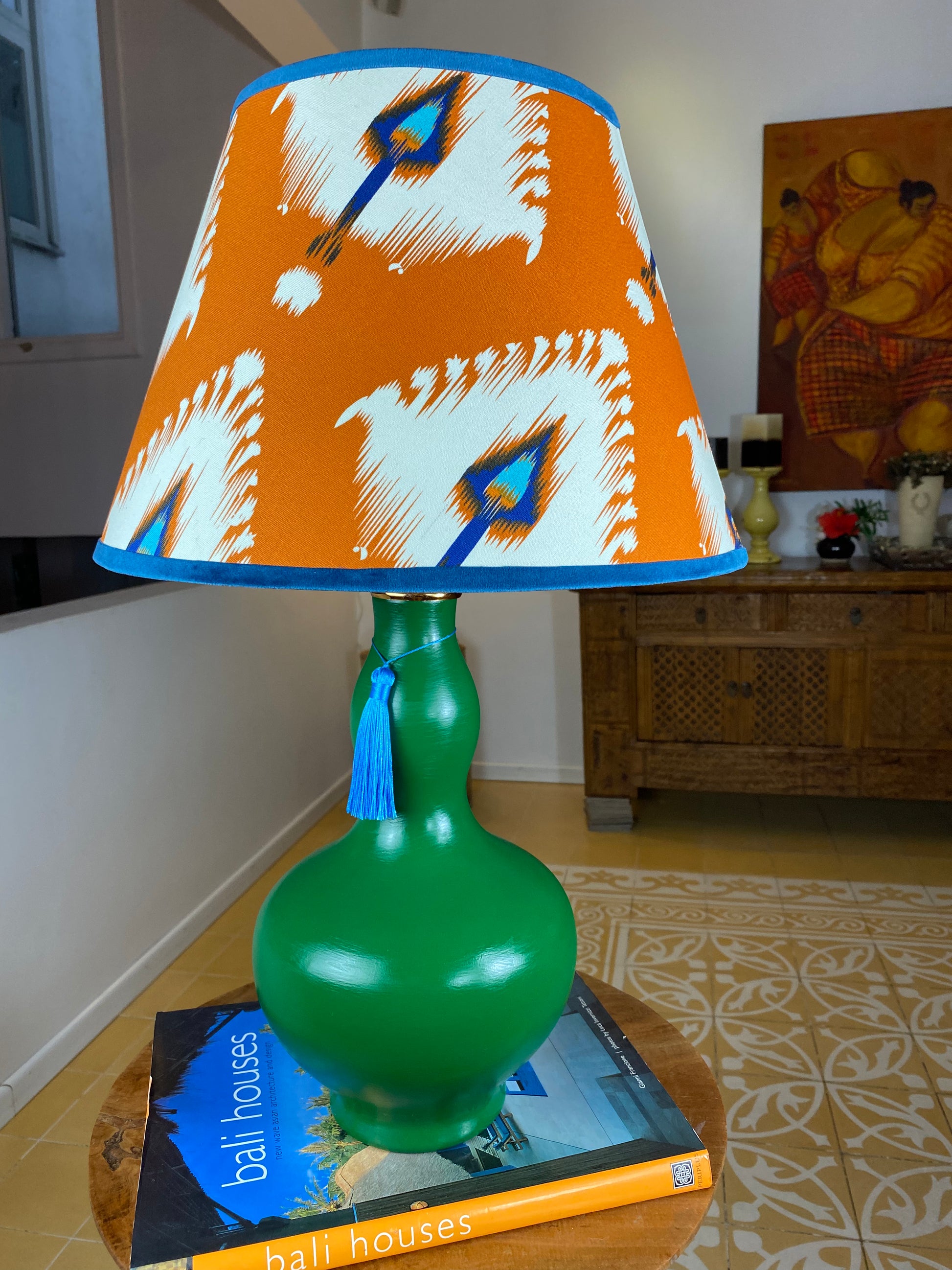 Ikat pattern empire shape lampshade with green gourd shape lamp base